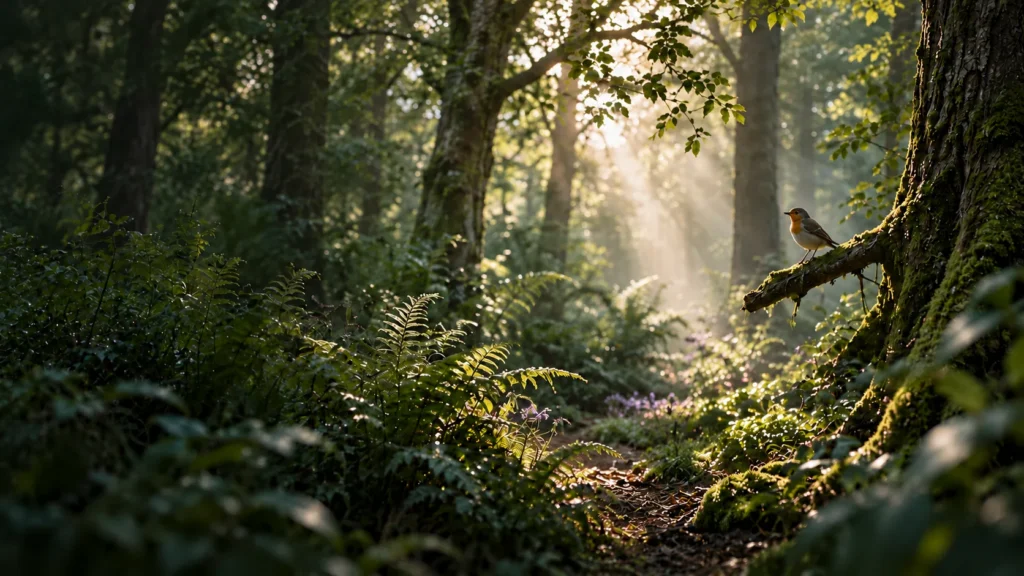 Un petirrojo sobre una rama con musgo en un bosque verde iluminado por el sol