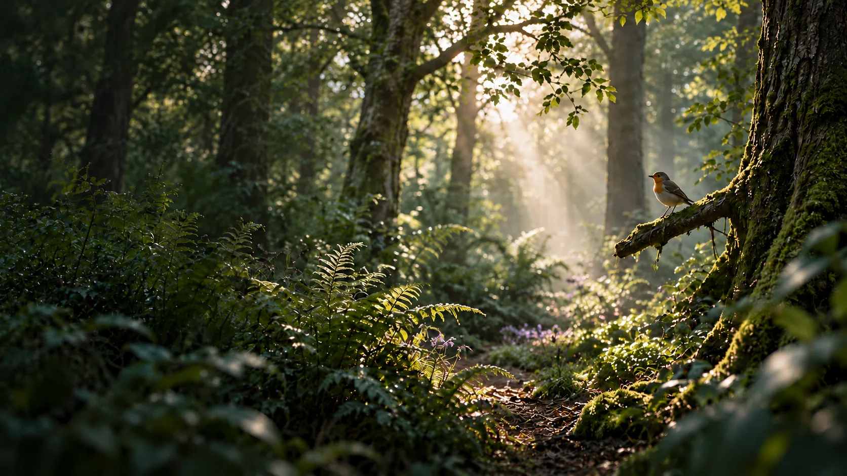 Un petirrojo sobre una rama con musgo en un bosque verde iluminado por el sol