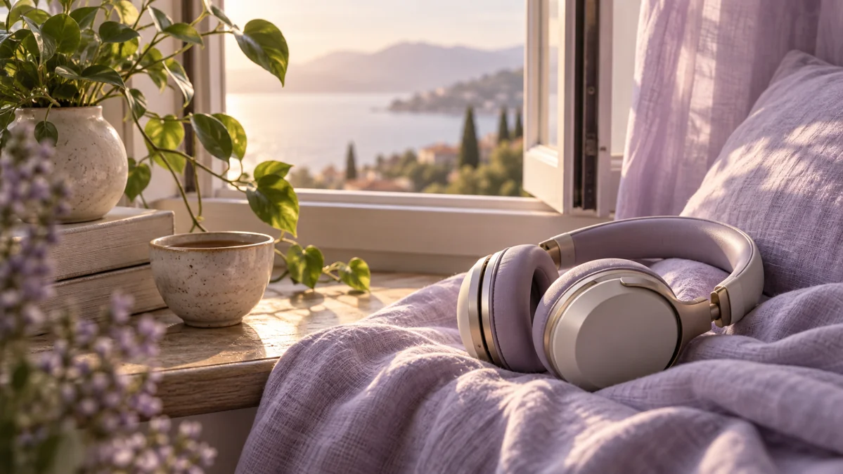 Auriculares sobre lino lavanda junto a una ventana para una pausa de escucha consciente