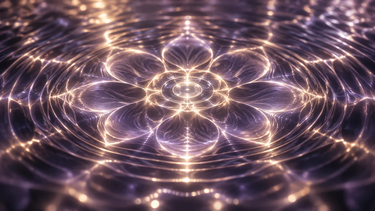 Representación artística de resonancia: ondas luminosas lavanda y oro para explorar las frecuencias solfeggio