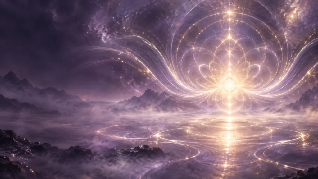 Frecuencias solfeggio: ondas luminosas de resonancia en lavanda y oro sobre un paisaje sereno