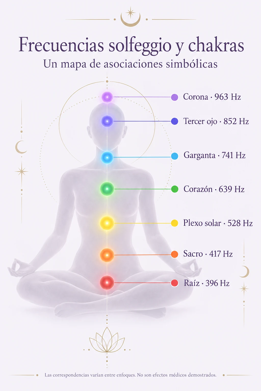Mapa simbólico de frecuencias solfeggio y chakras: raíz 396 Hz rojo, sacro 417 Hz naranja, plexo solar 528 Hz amarillo, corazón 639 Hz verde, garganta 741 Hz azul, tercer ojo 852 Hz índigo y corona 963 Hz violeta